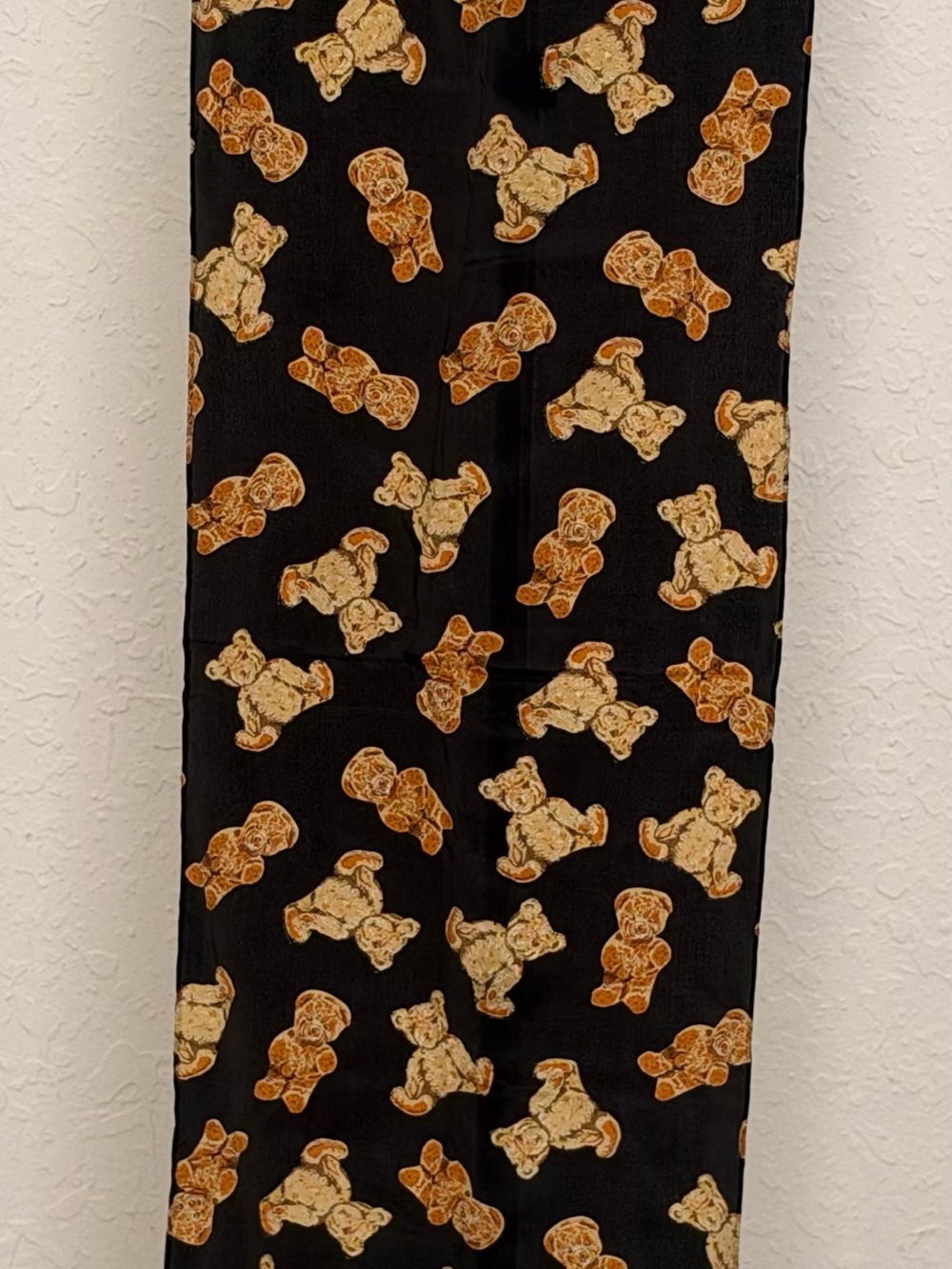 Vintage 100% Silk Teddy Bear All Over Print Black Long Scarf Wrap